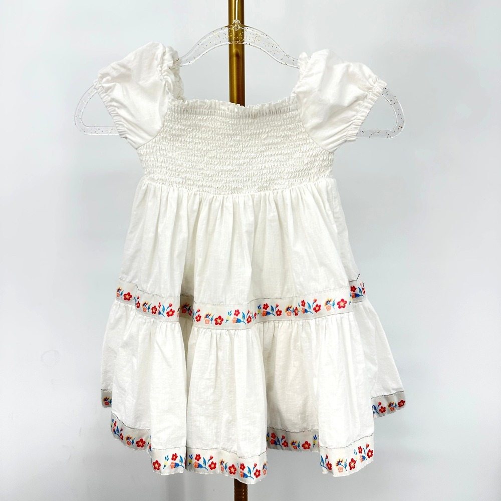 Rachel Zoe Floral Embroidered Dress 4T Smocked‎ White Tiered Cotton Boho Cottage